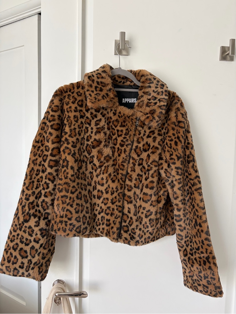 Apparis Leopard Print Teddy Jacket in Brown and Black